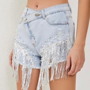 MissSoul Light Wash Denim Sequin Fringe Pearl Embellished Crossover Shorts L